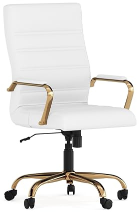 Flash Furniture Chefsessel, Drehstuhl, weißes Leder, goldfarbenes Gestell, 69 x 66 x 109 cm (B x T x H), High Back