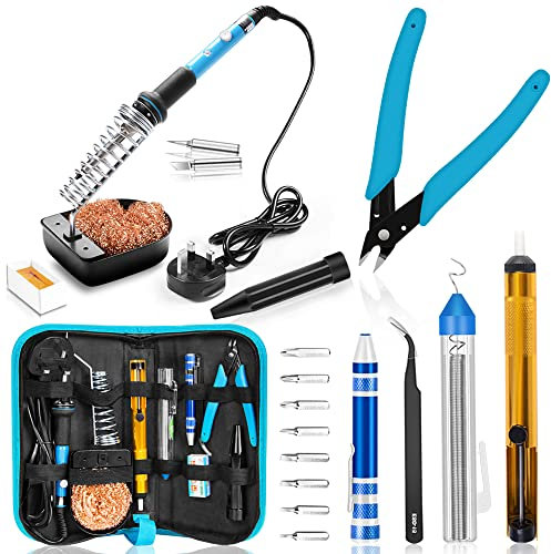 HANDSKIT Soldering Iron Kit with Solder, 90W Adjustable Temperature Soldering Kit with LCD, 5 Soldering Tips, Desoldering Pump, Solder Wire, Soldering Iron Stand, Tweezers