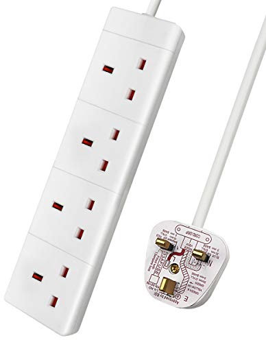 ExtraStar 4 Way Extension Lead, 13A Fused UK Plug Extension Socket, 1M Extension Cable Power Strip - White