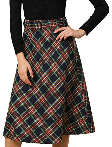 Allegra K Dam Tartan rutig kjol vintage hög midja bältad A-linje midi-kjolar, Mörkblått, 38