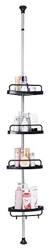 BAOYOUNI 4-Tier Shower Corner Caddy Tension Pole Adjustable Bathroom Shelf Floor to Ceiling Storage Rack Organizer Holder - No Drilling - Black