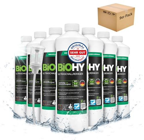 BiOHY Limpiador ultrasónico (9 botellas de 1 litro) + Dosificador | limpieza intensiva y suave de gafas, productos dentales, oro, monedas y joyas (Ultraschallreiniger)