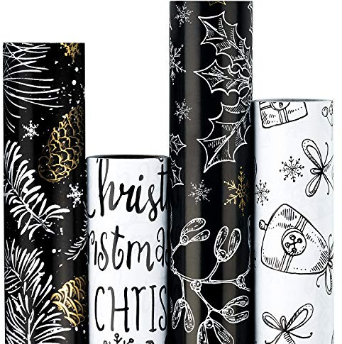 RUSPEPA Weihnachts-Geschenkpapier – klassisches Schwarz-Weiß-Design mit Golddruck – 4 Rollen – 76 cm x 3 m pro Rolle
