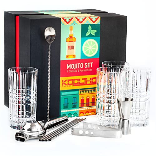 Mojito Gläser Set Cocktail Geschenkset, Geschenk Cocktails Glas 4er Sets Zubehör Zitronenpresse, 4 Strohhalme Edelstahl Messbecher Löffel Geschenkbox, Geschenke für Frauen Männer