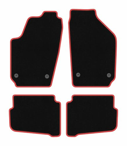 Velours-Fußmatten passend für Volkswagen Polo IV 9N 2001-2009, Schwarz-Rot | passend für Schrägheck; Velours-Teppich (Polypropylen), ca. 6,5 mm; rutschfest, vormontierte Befestigungen (Typ AVOWAL)