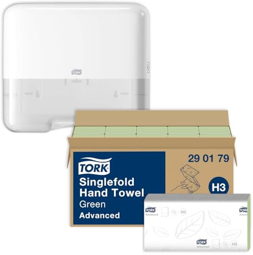 Tork Zickzack-Handtücher Grün H3 Advanced 15 × 250 Tücher - 290179 & Tork Mini Spender für Zickzack/Lagenfalz Papierhandtücher Weiß H3 Elevation Design - 553100 | Handtuchspender Bundle