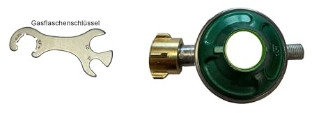D/H Gasdruckregler 30 mbar & Gasflaschenschlüssel im Set, Druckminderer für Propan/Butan, 1/4 Linksgewinde