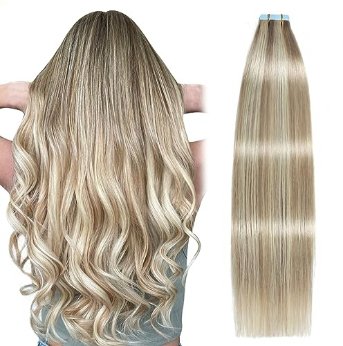 SUYYA Tape Extensions Echthaar 14 Zoll 35 cm 20 Stück 40 g #18/613 | Remy Echthaar, glattes Haar, Skin Weft, Haarverdichtung, 20 Stück 40 g, mehr Länge & Volumen, Aschblond-Bleichblond