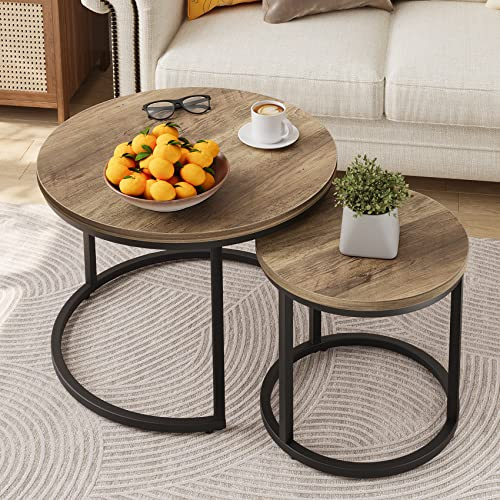 Smuxee Nesting Coffee Table Set of 2, 23.6 Round Coffee Table Wood Grain Top with Adjustable Non-Slip Feet, Industrial End Table Side Tables for Living Room Bedroom Balcony Yard