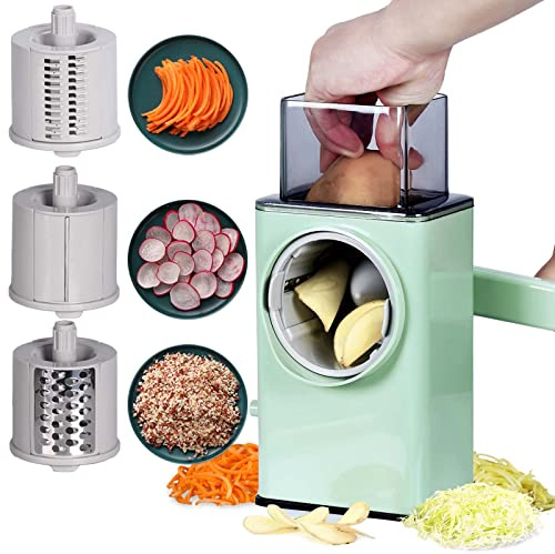 Potato Slicer Upgraded Hand Crank Vegetable Cutter Rotary Cheese Graters Multifunctional Chopper Veget Shredders Fruit Kitchen Tool with 3 Stainless Steel Drum Blades for Vegetables（Green）