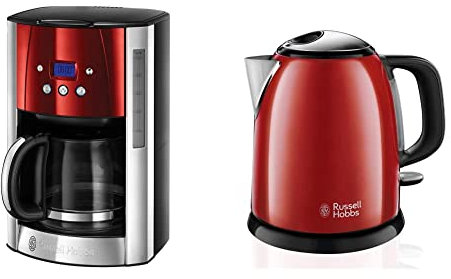 Russell Hobbs Machine à Café, Cafetière Filtre 1,8L Inox, 12 Tasses, Programmable, Auto-Nettoyante - Rouge 23240-56 Luna & Bouilloire Compacte 1L, Ebullition Rapide, Rouge 24992-70 Colours Plus