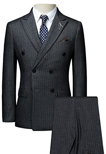 Maiyifu-GJ Mens Double Breasted Pinstripe 2 Piece Suit Slim Fit Elegant Prom Blazer and Pants Business Wedding Tuxedo Set (Grey 2,Large)