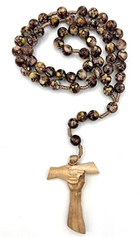 Freundschafts-Rosenkranz aus braunem marmoriertem Glas und Kreuz aus Holz. Körnung 8. Italienisches Produkt.