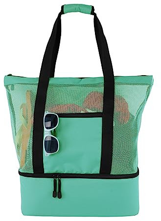CULASIGN 2-in-1-Strandtasche XXL Mesh Strandtasche mit Reißverschluss, Sommer Beachbag mit Gross Kühltasche,Faltbare Leichte Mesh Strandtasche,Shopper Strand Tasche (Grün)