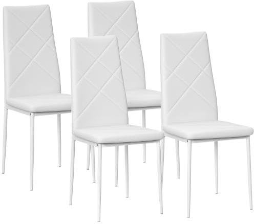 HOMCOM Esszimmerstühle 4er Set Küchenstuhl mit Rückenlehne Weiß | Kunstleder, Polsterstuhl mit Fußpolster, Wohnzimmerstuhl, Stühle mit Stahlbeine für Esstisch