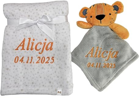 KIDDI-MEDIA Babydecke mit Name und Geburtsdatum, Grau Tiger | inklusive Trösterchen, Bestickt, kuschelig weich