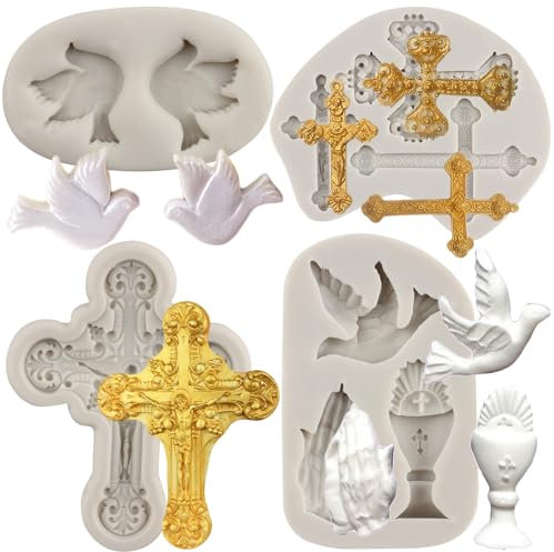 MYPRACS 4 Stück Taufe Kuchen Dekorationen Kreuz Kuchenform Kreuz Silikonform Kommunion Taube Fondant Formen betende Hand Form für Taufe Party Kuchen Dekorieren Cupcake Topper Süßigkeiten Schokolade