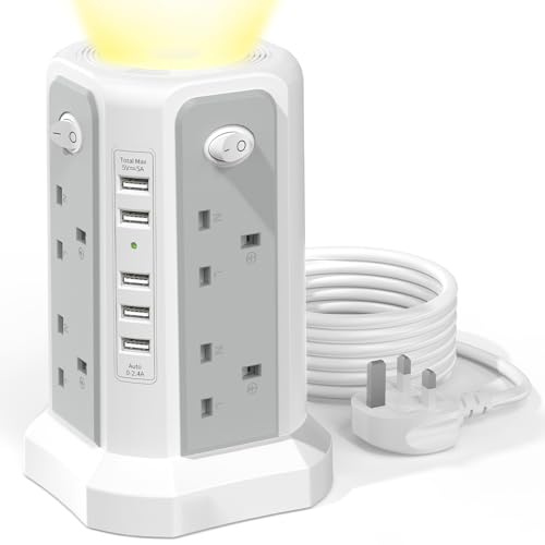 Extension Lead Tower 3M with USB Slots and Night Light, HAFINO 4 Switches | Surge Protected Extension Tower (13A 3250W) 5 USB-A Ports, 8 Way Socket Extension Cable for Home, Office, Grey White