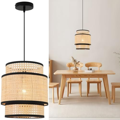 FORCOSO Rattan Lamp - Vintage Boho Pendant Light Ø29cm Wicker Light Shade Ceiling E27 Hanging Lights for Loft Dining Room Living Room Bedroom Kitchen Island(Black&Brown)