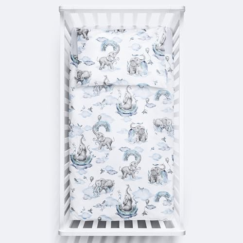 Baby Comfort 2-teiliges Bettwäsche-Set, 135 x 100 cm, Bettbezug und Kissenbezug für Kleinkinderbett (blaue Elefanten)