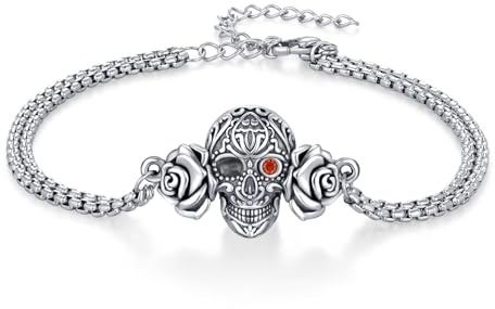 REDSUN Totenkopf Armband 925 Sterling Silber Totenkopf Rose Armband Gotik Punk Schädel Skull Armkette Weihnachten Geschenk für Goth-Liebhaber Damen Herren