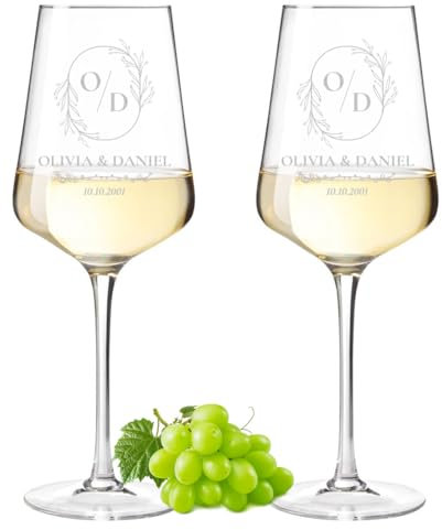 polar-effekt Leonardo Puccini Lot de 2 verres à vin 560 ml avec gravure – Verres à vin personnalisés pour couple – Cadeau de mariage et de fiançailles – Pour vin rouge et blanc
