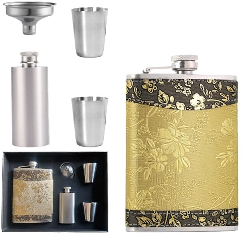 Hip Flask Gift Set Portable Leakproof Drinking Flasks | Golden Stainless Steel Whiskey Wine Pot Drinkware Hip Flask Funnel Shot Glasses for Outdoor Adventures Camping Bar Party