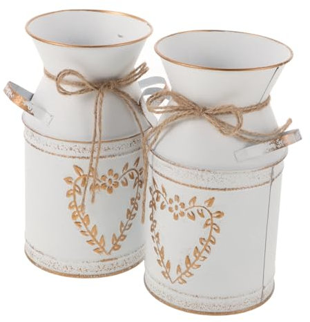 Alipis Lot De 2 Vases Décoratifs en Métal Vintage Forme Pot à Lait Cœur Grand Vase Rustique Blanc Feuille Dorée Adapté pour Décoration Intérieure Et Jardin D’Art Élégants