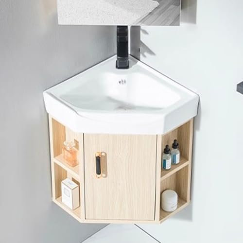 LYXWGRZD Mobile Bagno Angolare, Lavabo da Parete Angolare for Piccoli Spazi, Lavabo Angolare for Bagno, Lavabo Angolare In Ceramica con Rubinetto e Scarico(Natural A)