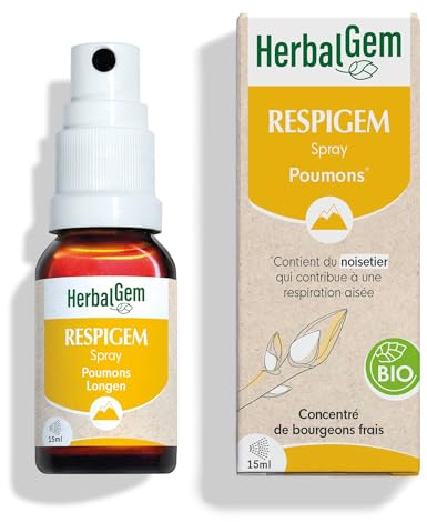 HerbalGem Respigem Spray Complexe Poumons Bio 15 ml | Noisetier et romarin, format spray pratique pour soutenir le confort respiratoire au quotidien.