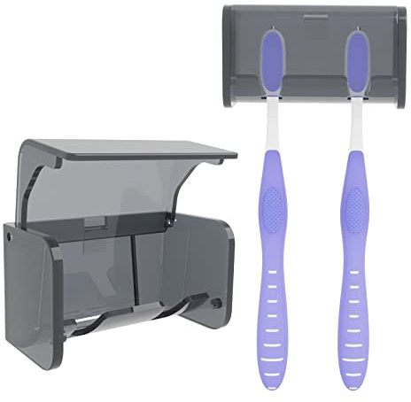 Zahnbürstenhalter zur Wandmontage mit Abdeckung für Badezimmer, 2 Schlitze, Zahnbürsten-Organizer für Dusche, selbstklebender Zahnbürstenhalter für Wohnheim, Schrank (grau)