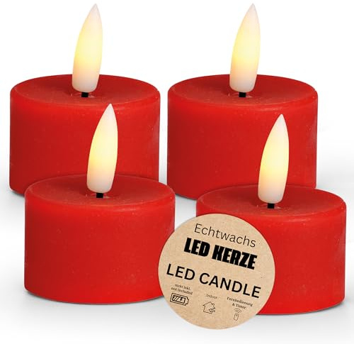 matches21 HOME & HOBBY LED Teelichter 4er Set aus Wachs mit Timerfunktion - Kerze realistisch flackernde Flamme warmweiß Ø 4 x 4 cm - Elektrische Wachskerze in Rot als gemütliche Tischdeko