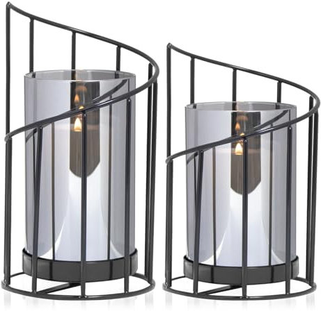 TEUYOE 2 Stück Kerzenhalter Metall Windlicht, Schwarz Windlicht Glas Kerzenständer für Dekoration von Wohnzimmer, Schlafzimmer, Esstisch, Fensterbank, Badezimmer