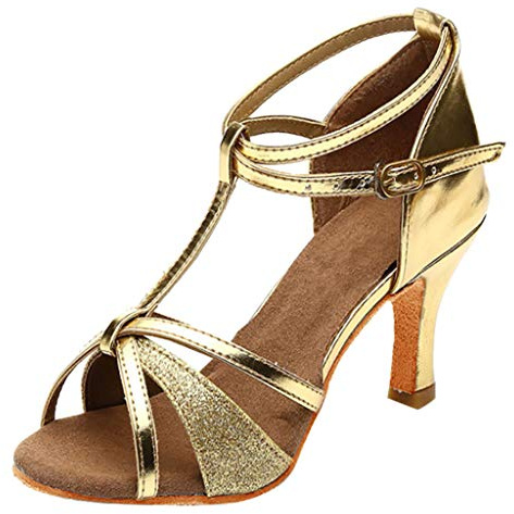 50mm Women's Open Toe Cross-Strap Pumps Ballroom Latin Dance Shoes Party Performance Sequin Dancing Sandals Kitten Pumps Adjustable Ankle Strap Low Heels Shoes Gold