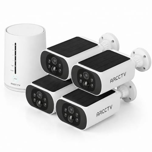ARCCTV 2K Camera Surveillance WiFi Extérieure Solaire, 4 Cam + Base, 64Go Stockage, 4MP Caméra Exterieur à Batterie, Panneau Solaire, Vision Nocturne, Détection Mouvement PIR pour Maison/Garage,Kit-C3