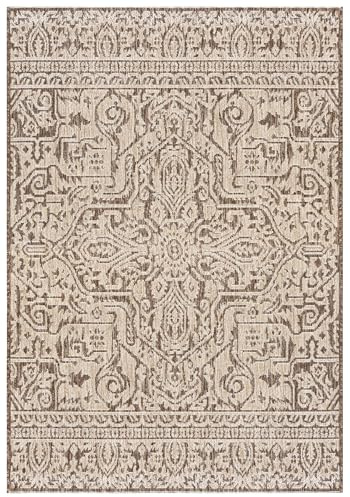 Mazovia Grande Alfombra de Exterior Balcón 160x230cm Crema Marrón Étnico | Alfombra de Jardín para Terraza Beige Oriental Resistente a la Intemperie Pelo Corto Antialérgico Suelo Radiante Robusto
