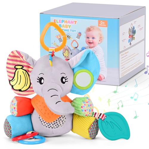 CaftyMids Babyspielzeug 0-6-12 Monate: Elefant mit abnehmbarer berührungsempfindlicher Soundbox (30 Geräusche), abnehmbares Lätzchen, Beißring, Rassel, BB-Quietscher, Spiegel | Befestigung an