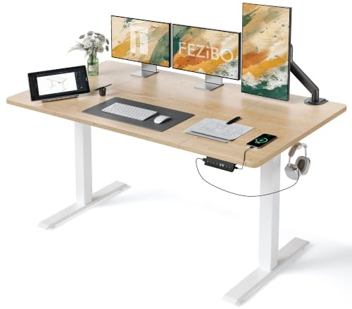 FEZIBO Höhenverstellbarer Schreibtisch 160x80cm USB-C&USB-A Ladeanschl | Schreibtisch Höhenverstellbar Elektrisch, 72–118cm Hub, 80kg Tragkraft, Memory-Funktion mit 3 Höhen, Steh-Sitz Tisch, Eiche