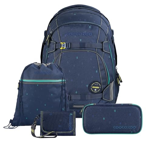 Coocazoo Schulrucksack-Set MATE „Happy Raindrops“ 4-teilig, blau, ergonomischer 30L Tornister, höhenverstellbar mit Hüftgurt für Kinder ab der 5. Klasse, inkl. Federmäppchen, Turnbeutel und Geldbörse