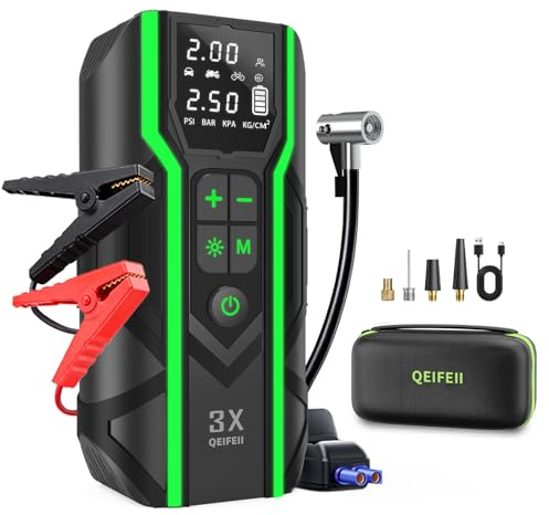 Starthilfe Powerbank für PKW, 6000A 160 PSI, Auto Starthilfe Powerbank für alle Benzin und 10L Diesel, Tragbar Elektrische Luftpumpe mit Intelligenten Starthilfekabeln, LCD-Bildschirm und Warnleuchte