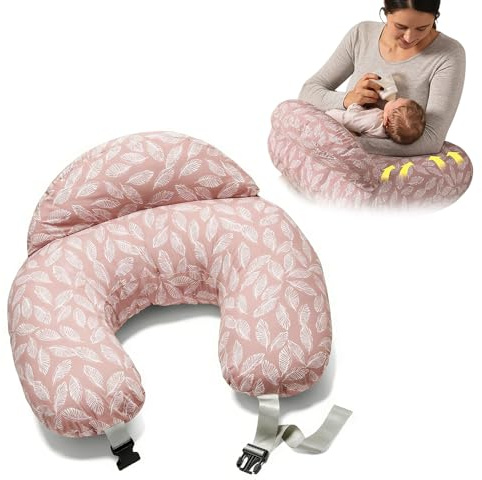 KBIBCK Nursing Pillow, Breastfeeding Pillows, Feeding Pillow with Adjustable Waist Strap and Safety Fence, 100% Cotton Pillowcase U Shaped, Removable Washable, Leaf Pattern (Pink)