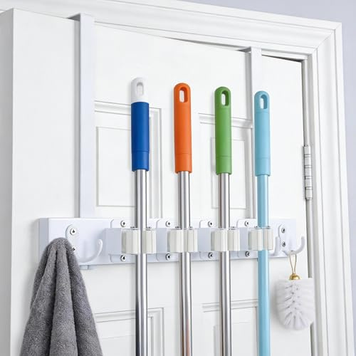 ZHABAYEN Broom Holder Wall Mounted, Broom Holder Over The Door | 4 Racks & 2 Hooks Tool Organiser, Wall Mounted Rack Organizer for Closet, Garage, Laundry, Kitchen