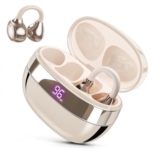 Caijin Clip-on Open-Ear Bluetooth-Kopfhörer Wireless,Bluetooth 6.0,60 Stunden Ultra-Lange Akkulaufzeit,Komfortabel & Schmerzfrei,Ideal für Sport, Büro & Fitness,Wollweiß