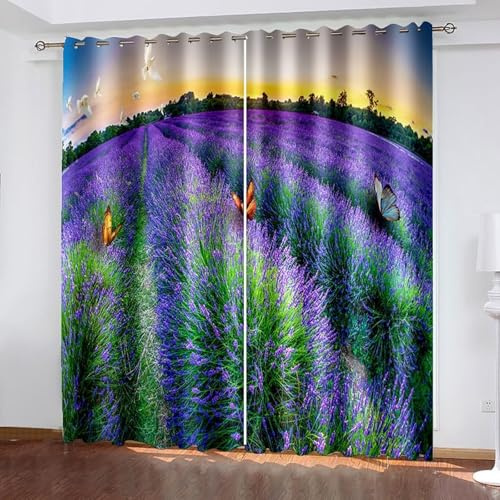 Wycian Fertiggardinen Ösenvorhang Grün Lila Gelb 2 Er Polyester Lavendelfeld und Schmetterlinge H138 X B96Cm für Schlafzimmer