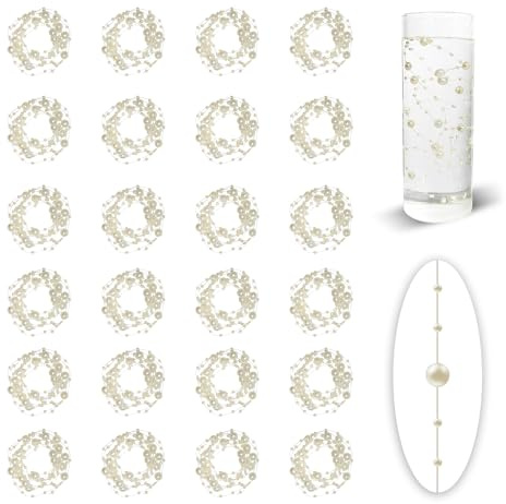 FLAMMUL 24 Pcs Ivory Pearl Strings, 100ft Total, Artificial Beads Vase Fillers for Floating Candle Faux Pearls Beads String Wedding Table Centerpiece Garland DIY Holiday Decor Gifts