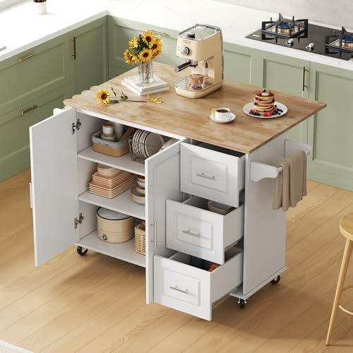 Grande isola da cucina mobile, 137 cm, tavolo da cucina su ruote con piano di lavoro pieghevole, effetto quercia, armadio multifunzione con 3 cassetti, portasciugamani, 5 ruote, per cucina/sala da