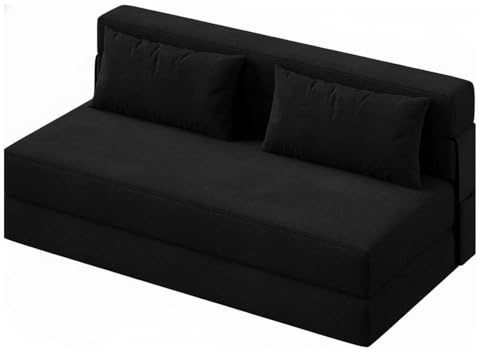 2-sits konvertibel bäddsoffa i ribbstickad sammet, 2-i-1 bäddsoffa konvertibel med 2 kuddar, tvättbart avtagbart överdrag, lata soffa/värmare 2-sits för sovrum, vardagsrum (200 x 150 x 15 cm, svart)