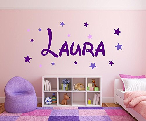 XL Wandtattoo Türaufkleber, Kinderzimmer mit Namen für Mädchen, 73002-120cm-tricolore-violett, mit bunten Sternen fürs Mädchenzimmer, Wandaufkleber Wandtatoos Sticker Aufkleber für die Wand, Tapetensticker, Tattoo aus Markenfolie, Namensaufkleber mit Wunschname, in 32 Farben wählbar