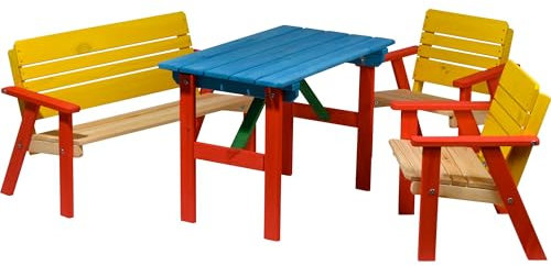 dobar® 94370FSC Kinder Outdoor Sitzgruppe 4 Plätze | 1 Bank, 2 Stühle, 1 Tisch | Picknickgarnitur für Kinder | Kindersitzgruppe Massivholz für Garten/Terrasse | Wetterfest Kindersitzgarnitur | Bunt, Mittel