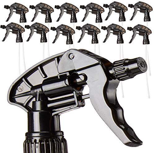 12 Pack Replacement Trigger Sprayer Heads – Black 28-400 Spray Nozzles for 32 oz Bottles, Chemical Resistant, 9.5 Dip Tube, 1.5mL High Output